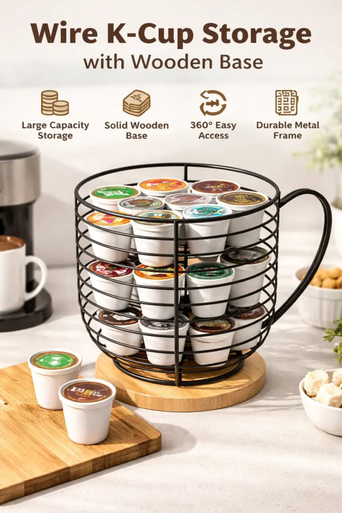 Wire Kup Storage with Wooden Baseq