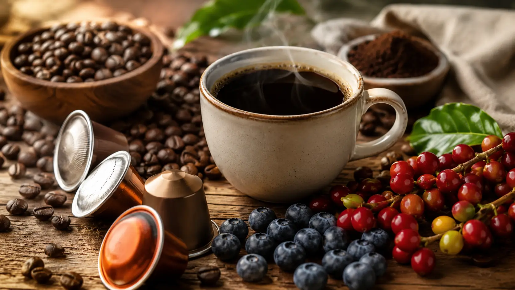 Antioxidants in coffee pods with coffee beans and a cup of black coffee