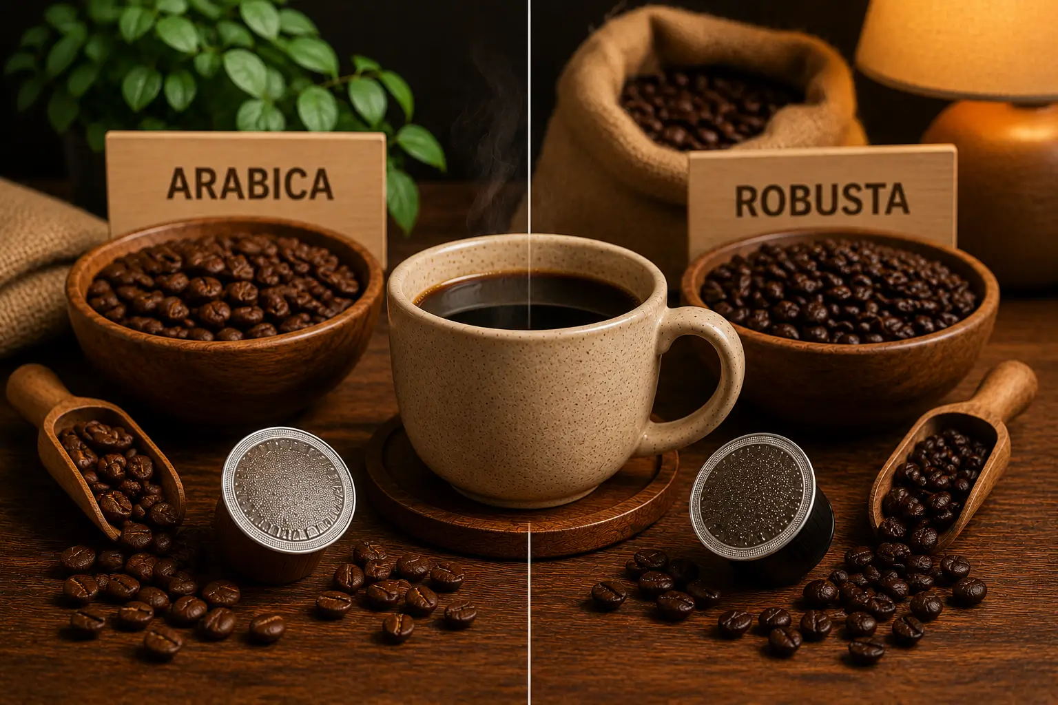 Arabica and Robusta coffee beans compared for caffeine content