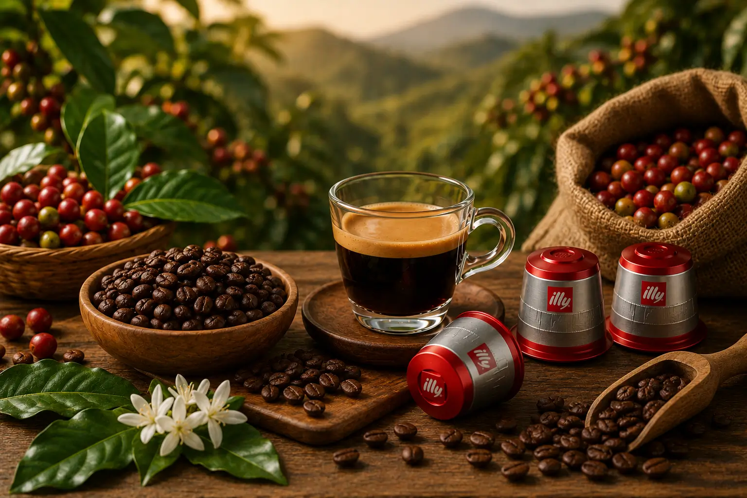 Arabica coffee beans with Illy style coffee pods and espresso cup