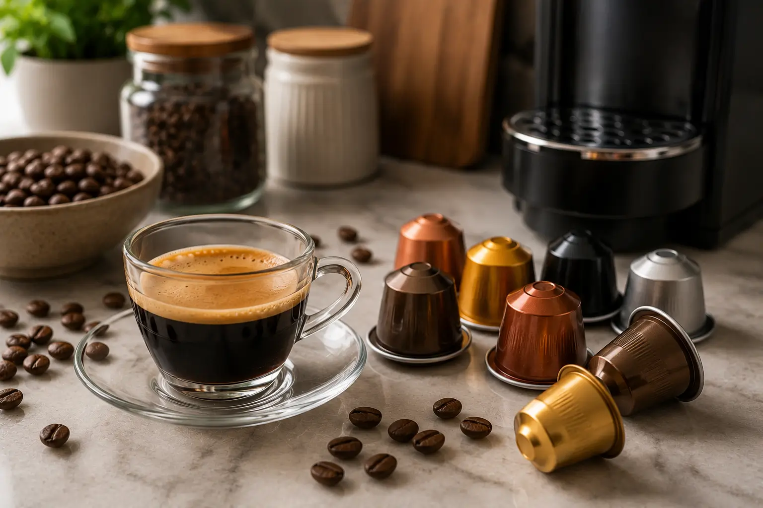 Assorted hazelnut coffee pods with brewed coffee
