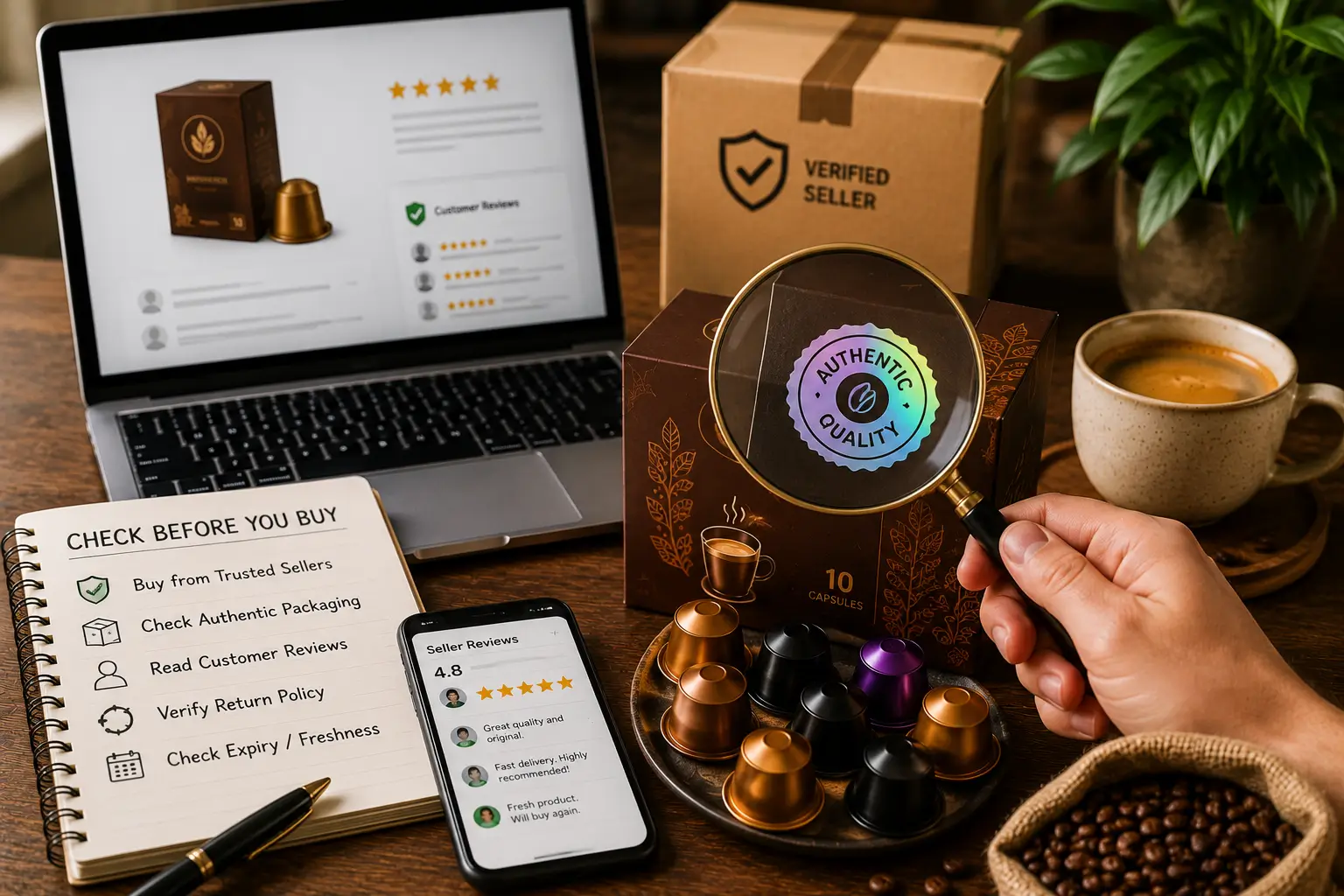 Avoid fake coffee pods online by checking seller ratings product details and packaging