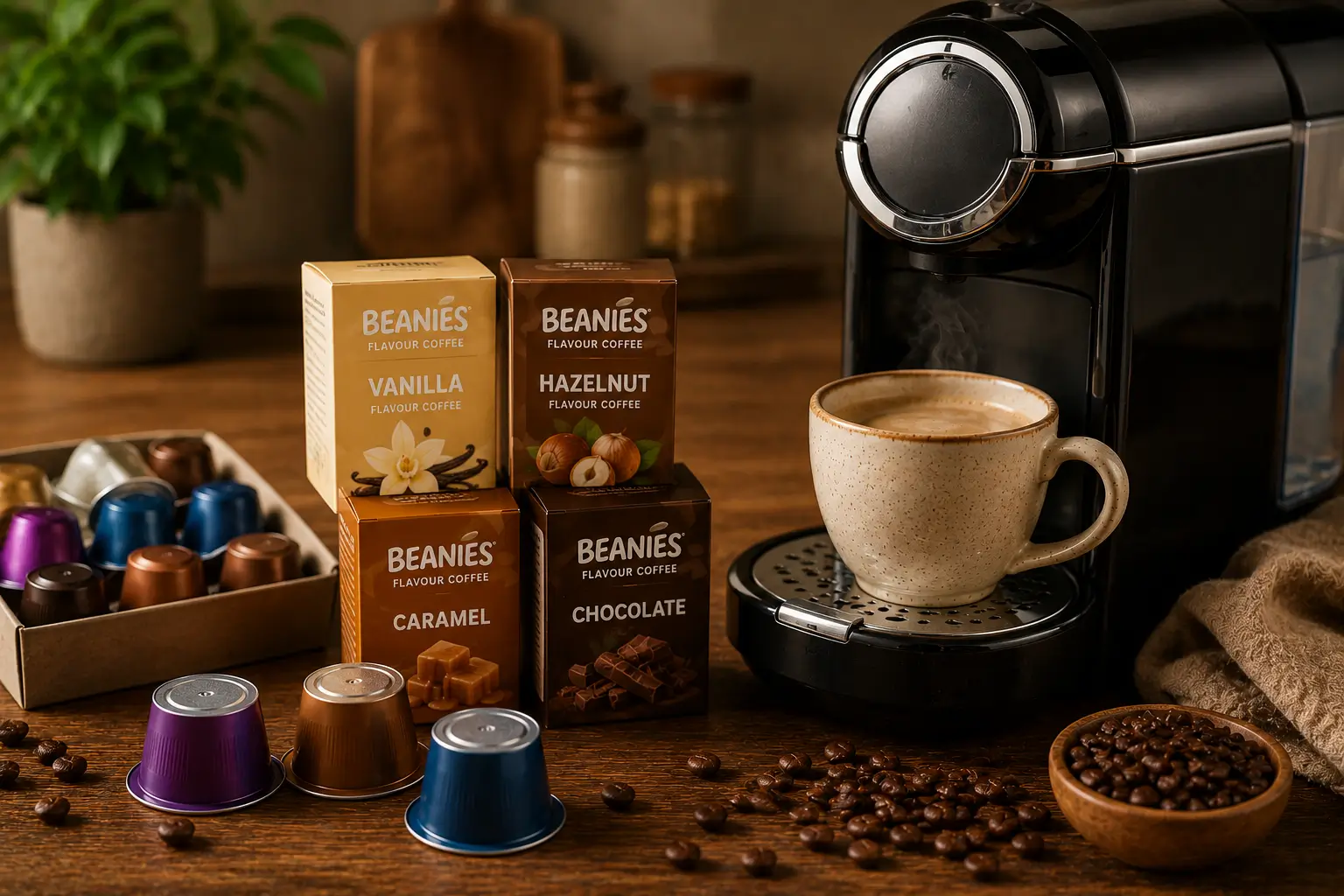 Beanies coffee pods beside compatible coffee machine