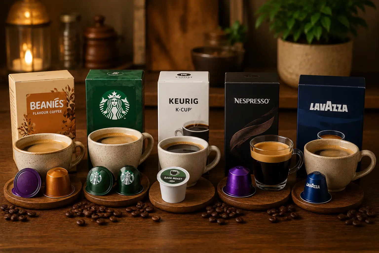 Beanies coffee pods compared with Starbucks Keurig Nespresso and Lavazza pods