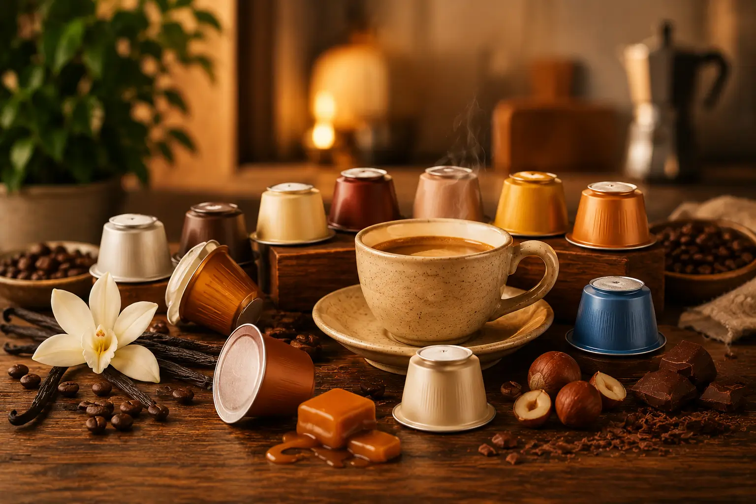 Beanies coffee pods with flavored coffee cup and roasted coffee beans