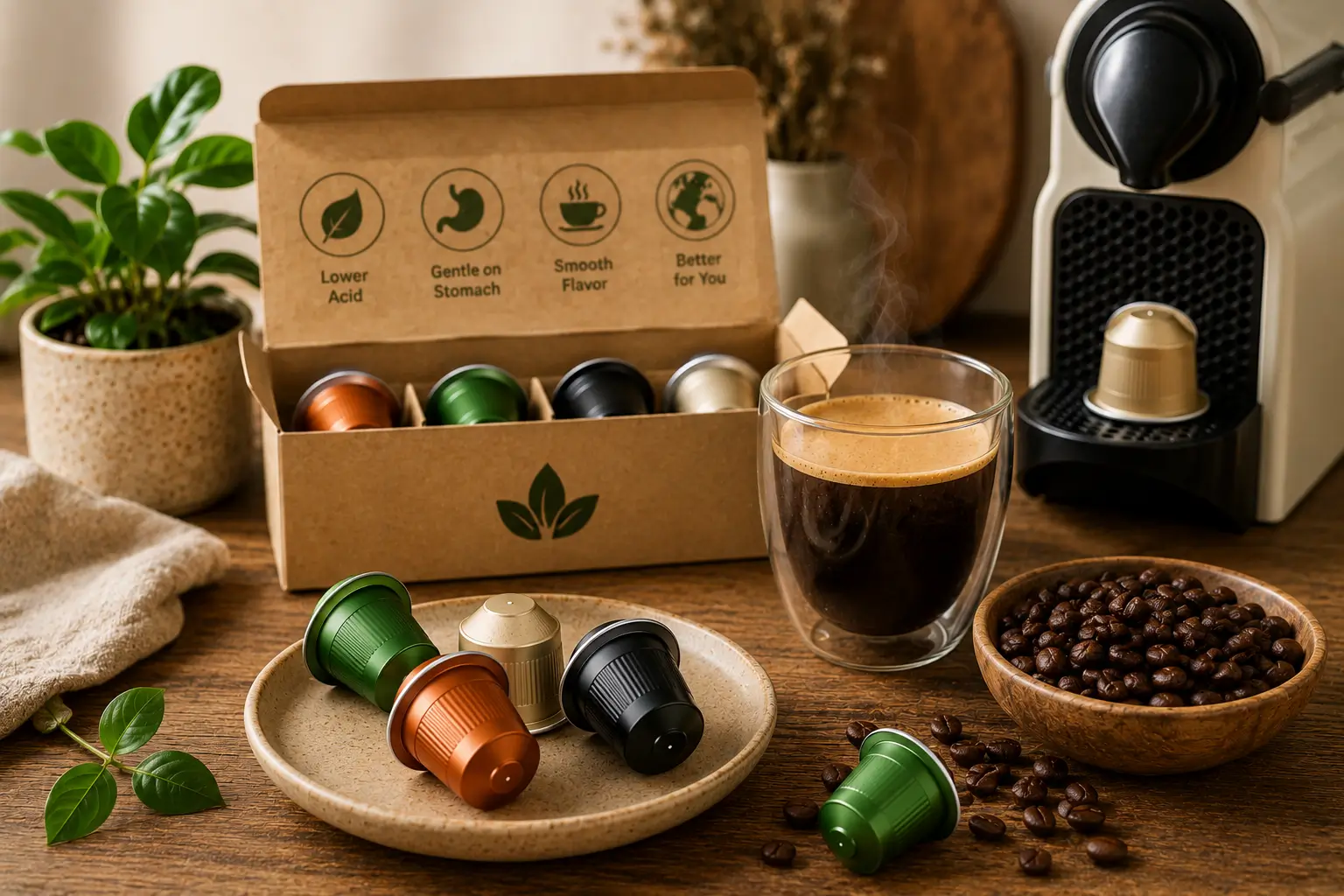 Benefits of low-acid coffee pods with smooth coffee and beans