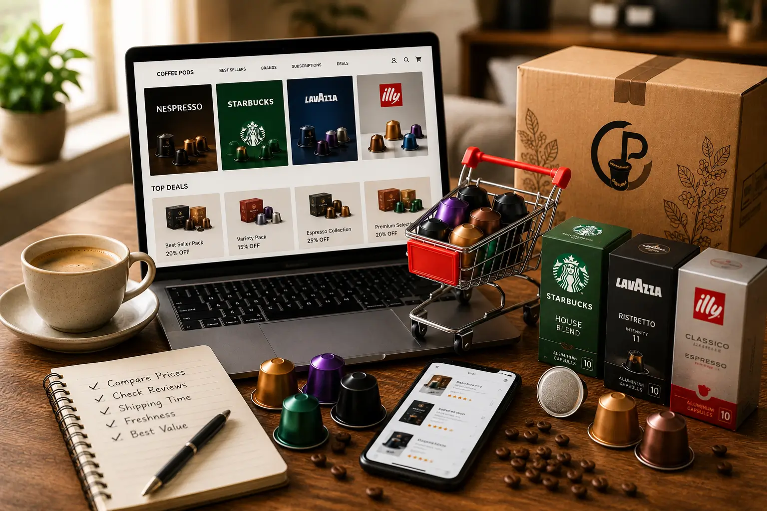 Best places to buy coffee pods online with laptop delivery box and coffee pods