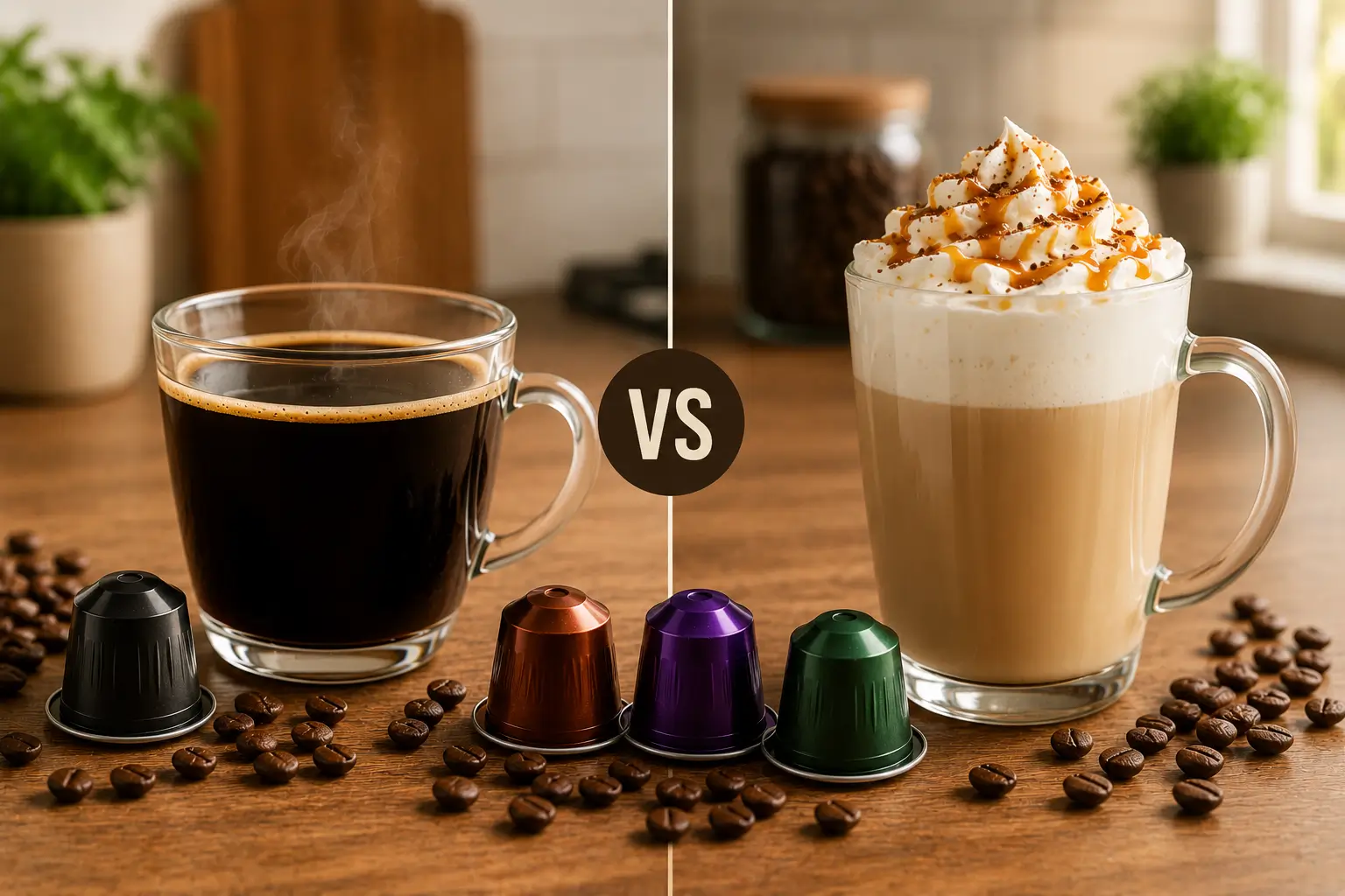 Black coffee pod compared with a sweet specialty latte drink