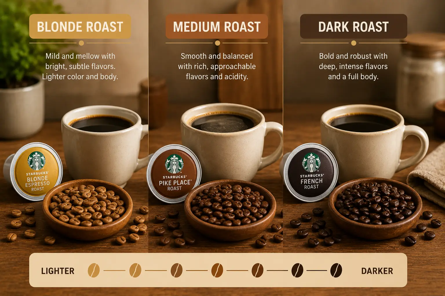Blonde roast medium roast and dark roast coffee beans comparison