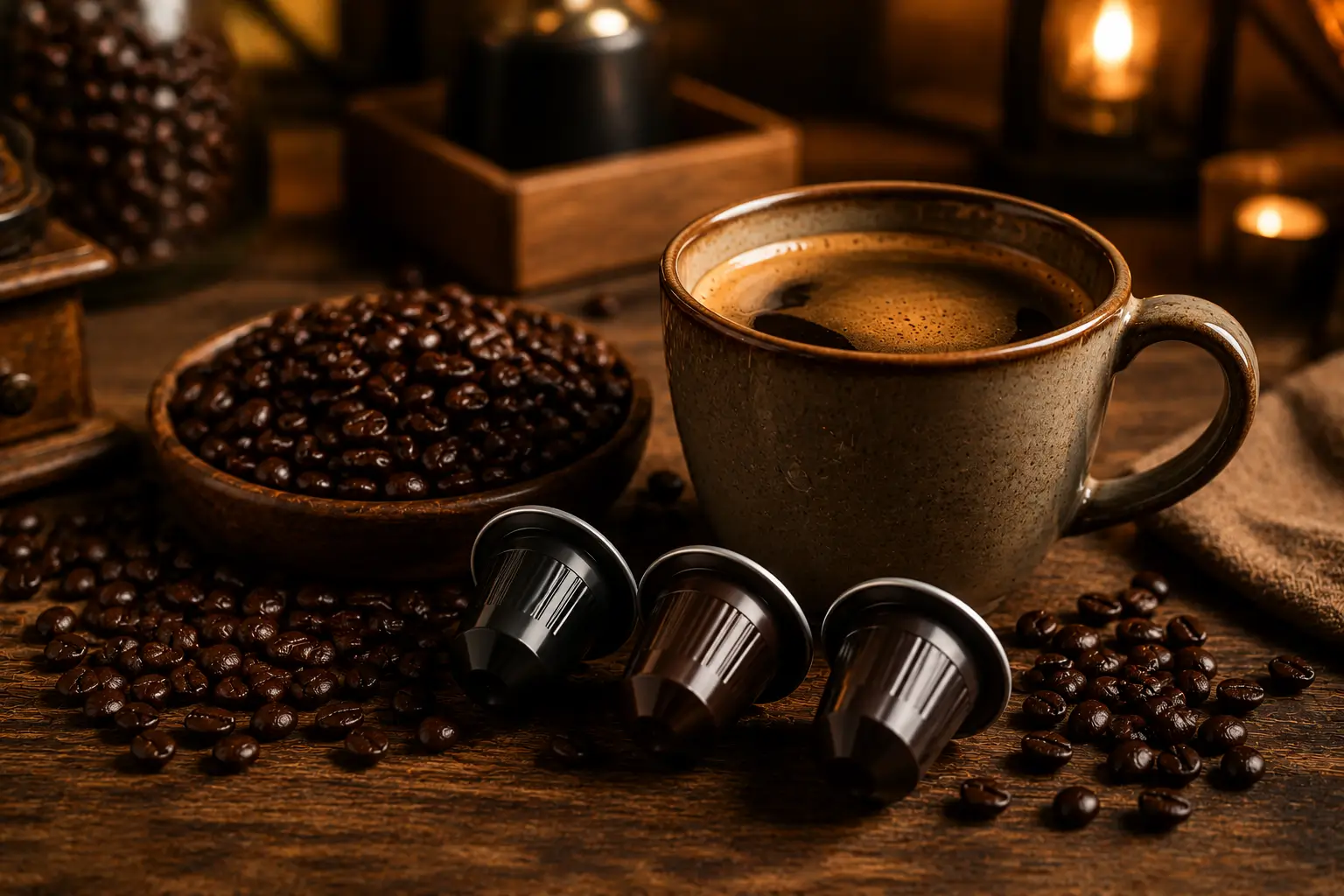 Bold coffee pod with rich coffee and dark roasted beans