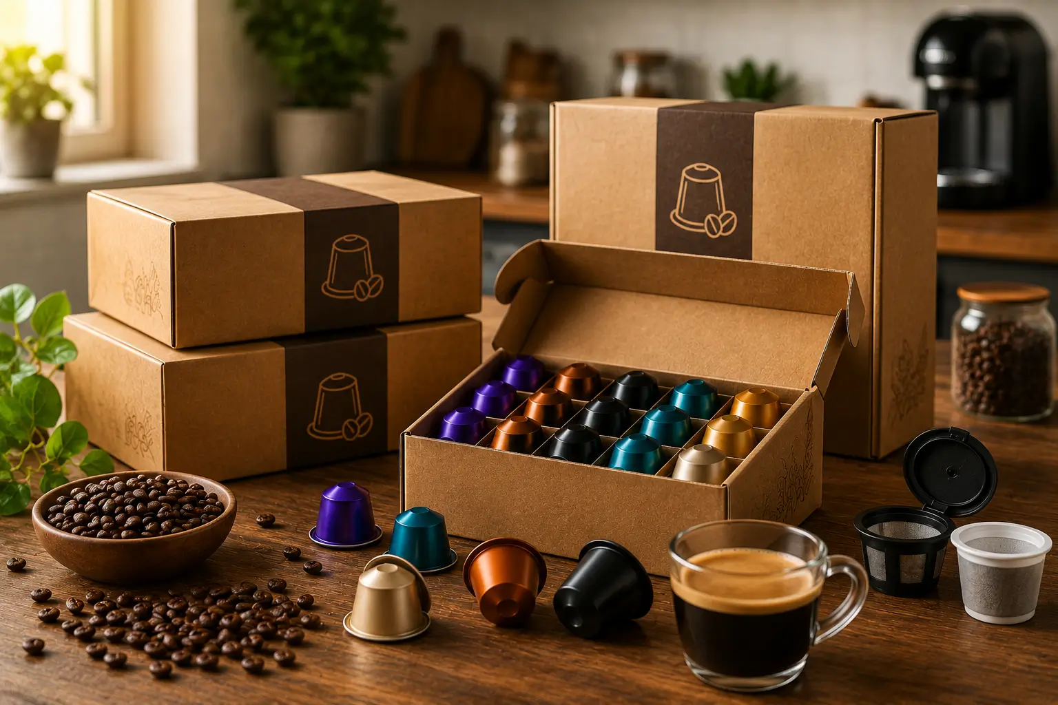 Bulk coffee pods in large boxes with assorted capsules and coffee cup