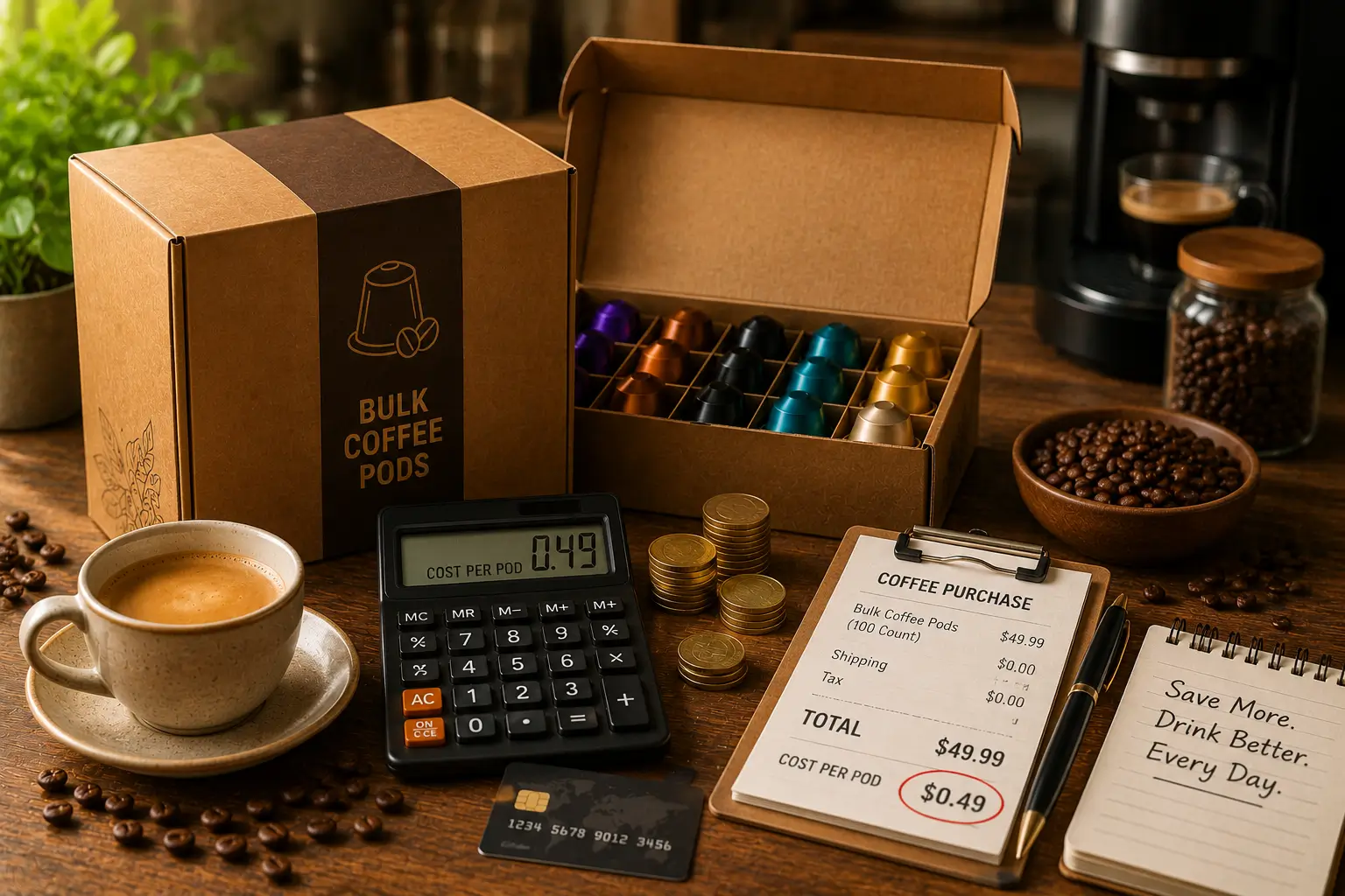 Bulk coffee pods savings with cost per pod table calculator and coffee cup