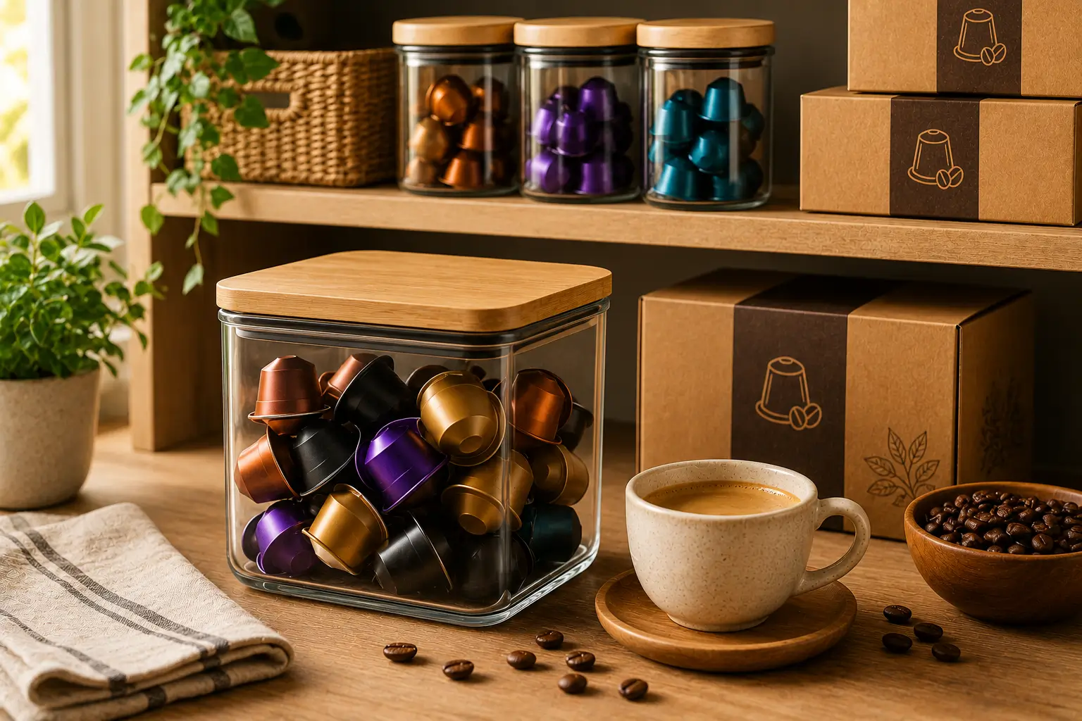 Bulk coffee pods stored in cool dry cabinet to maintain freshness