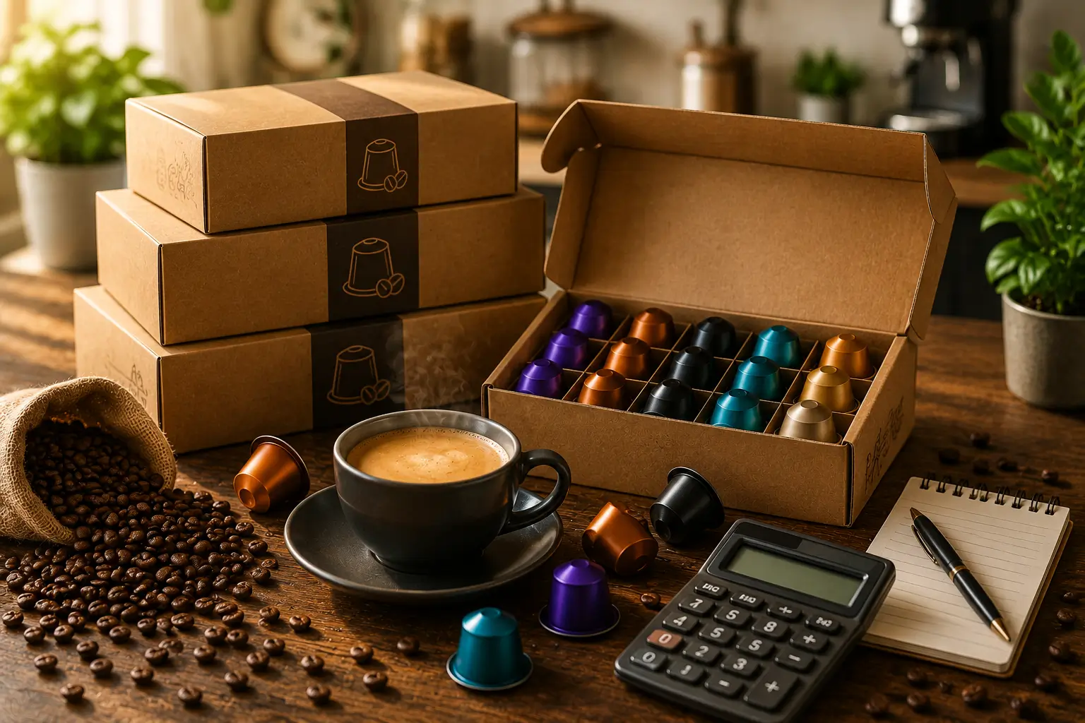 Bulk coffee pods with large pod boxes coffee cup and roasted beans