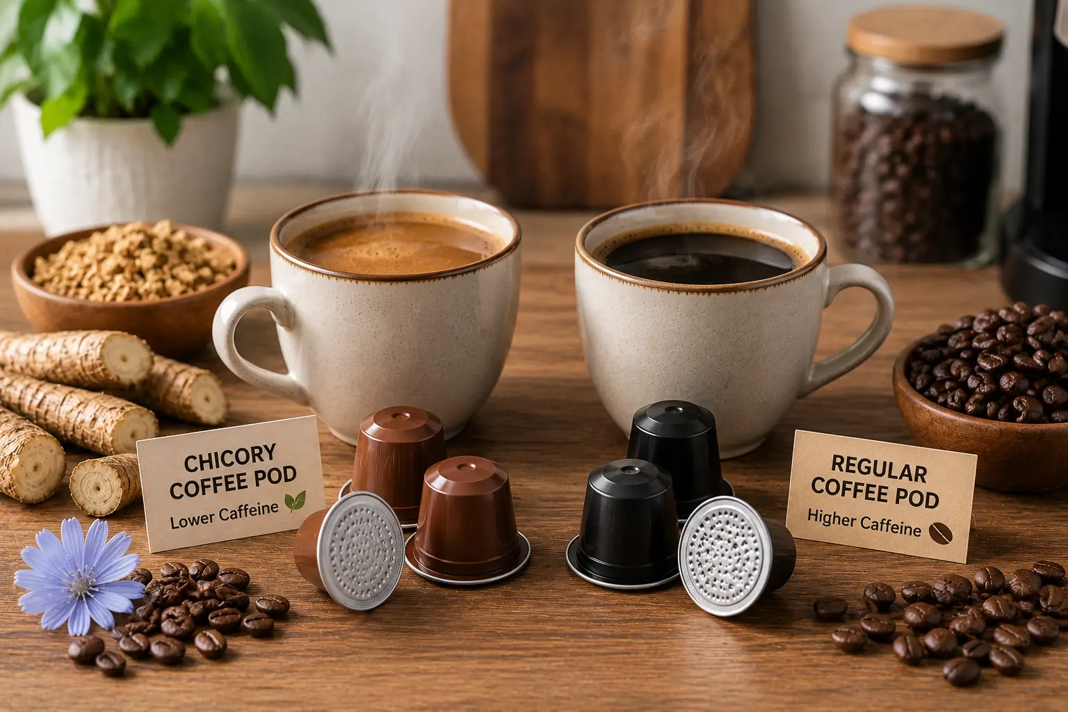 Chicory coffee pods and regular coffee pods caffeine comparison