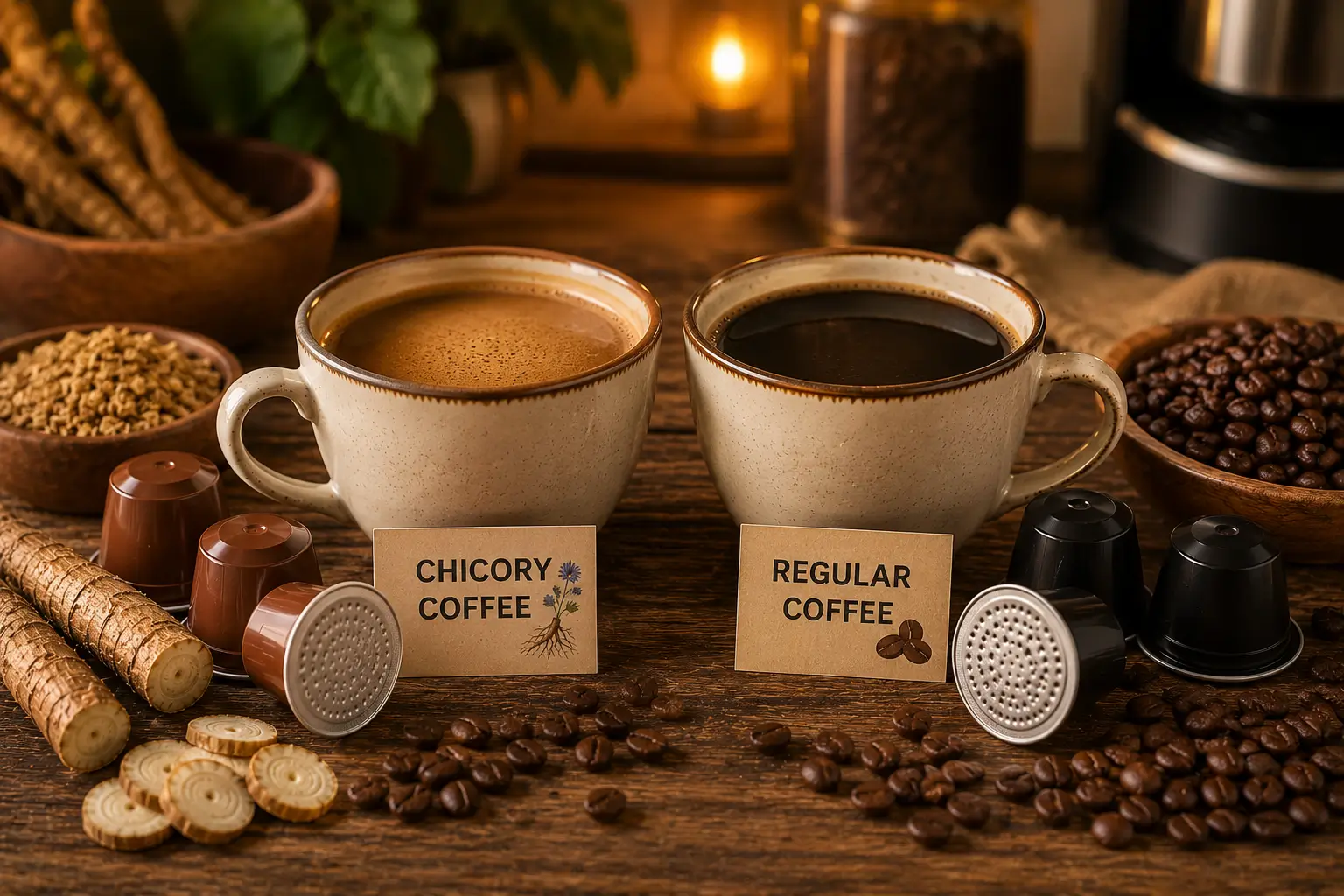 Chicory coffee pods beside regular coffee pods