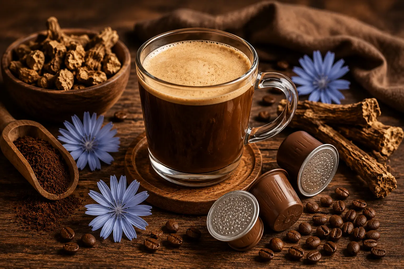 Chicory coffee with oat milk beside notebook