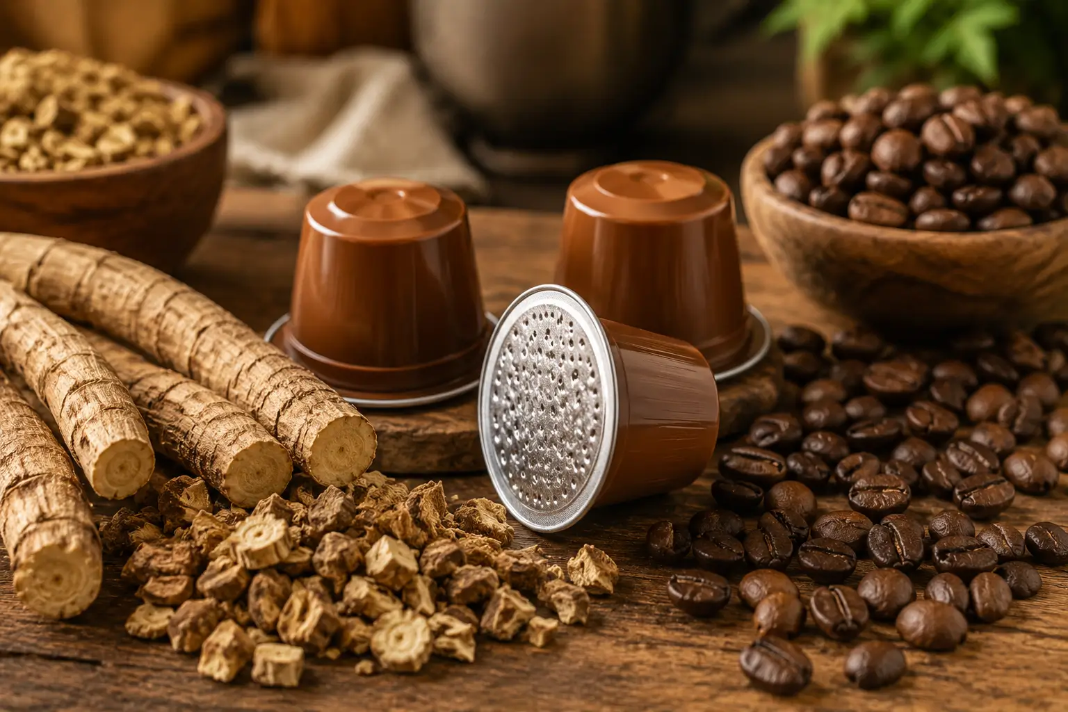 Chicory coffee pods with roasted chicory root and coffee beans