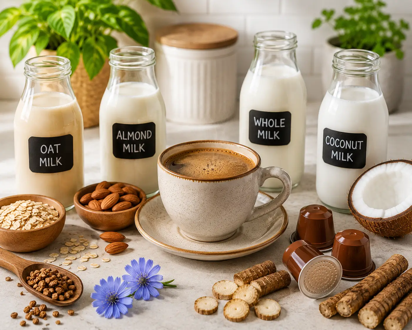 Chicory coffee with whole milk oat milk almond milk and coconut milk