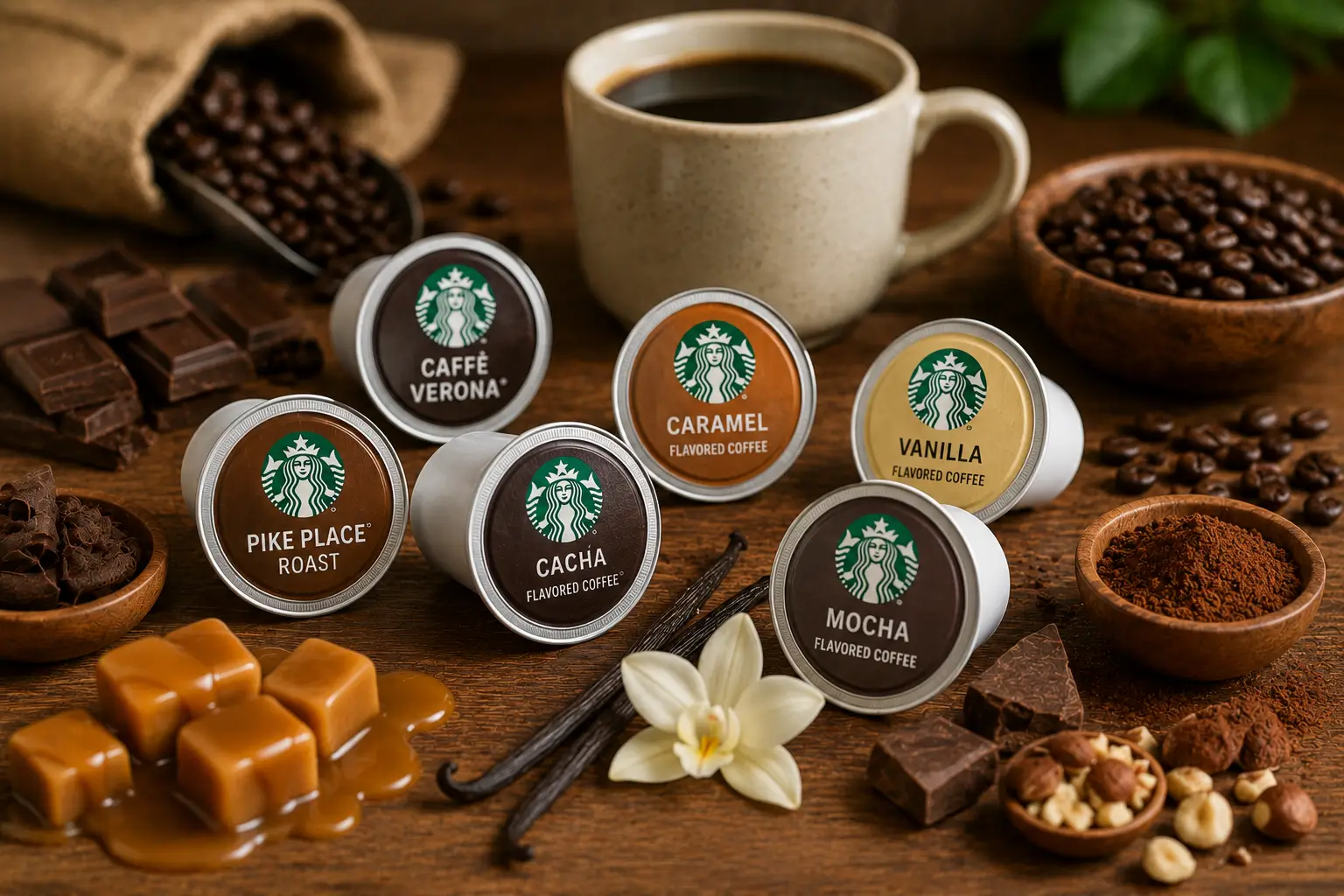 Chocolate caramel nutty and cocoa flavor notes with coffee pods