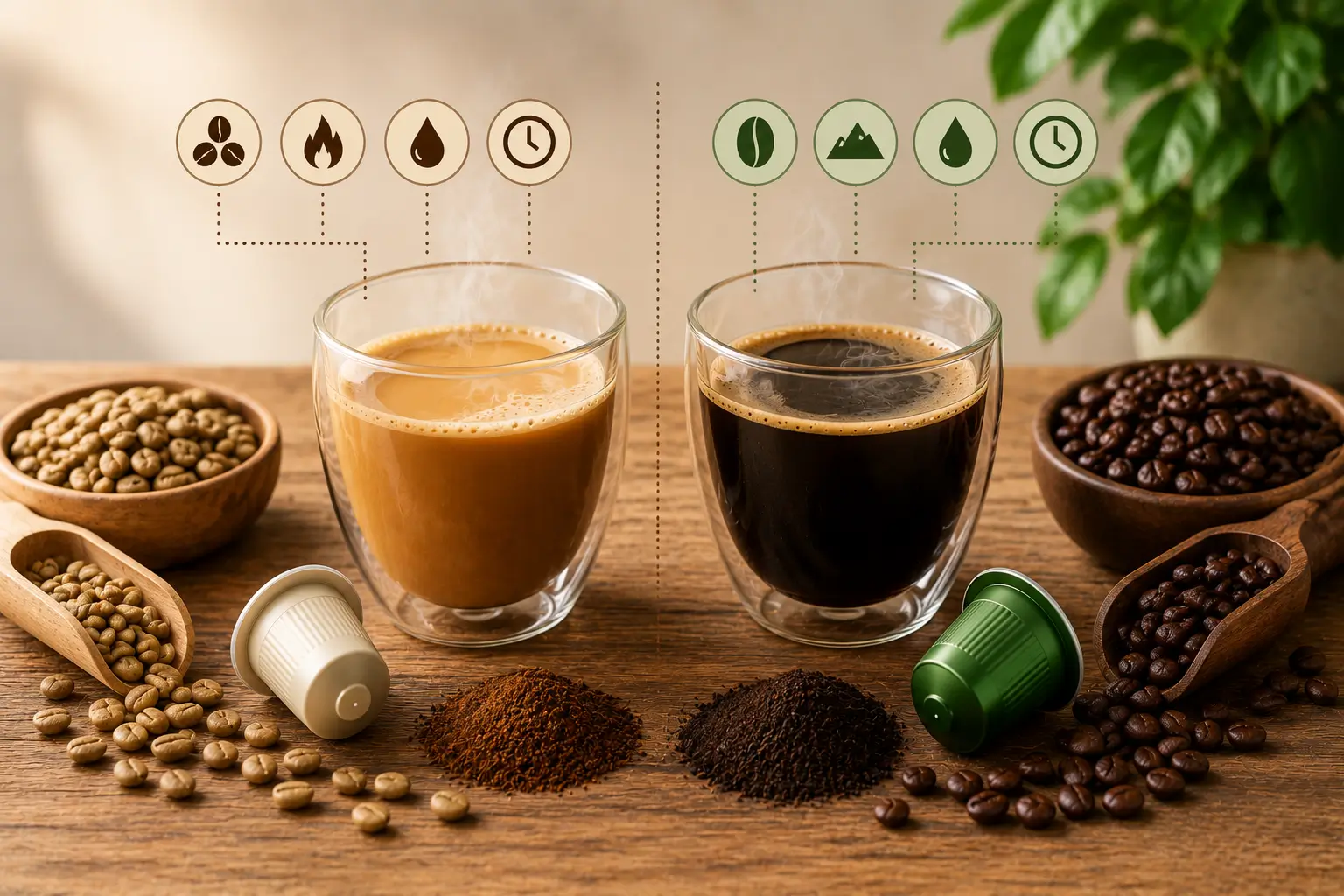 Coffee acidity comparison with coffee pods and roasted beans