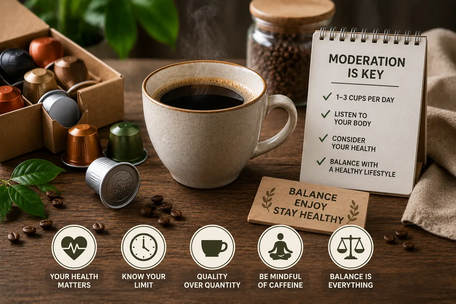 Coffee cup with pods and moderate coffee consumption concept