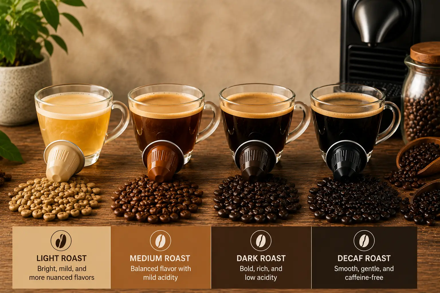 Coffee pod blends by light medium dark and decaf roast types