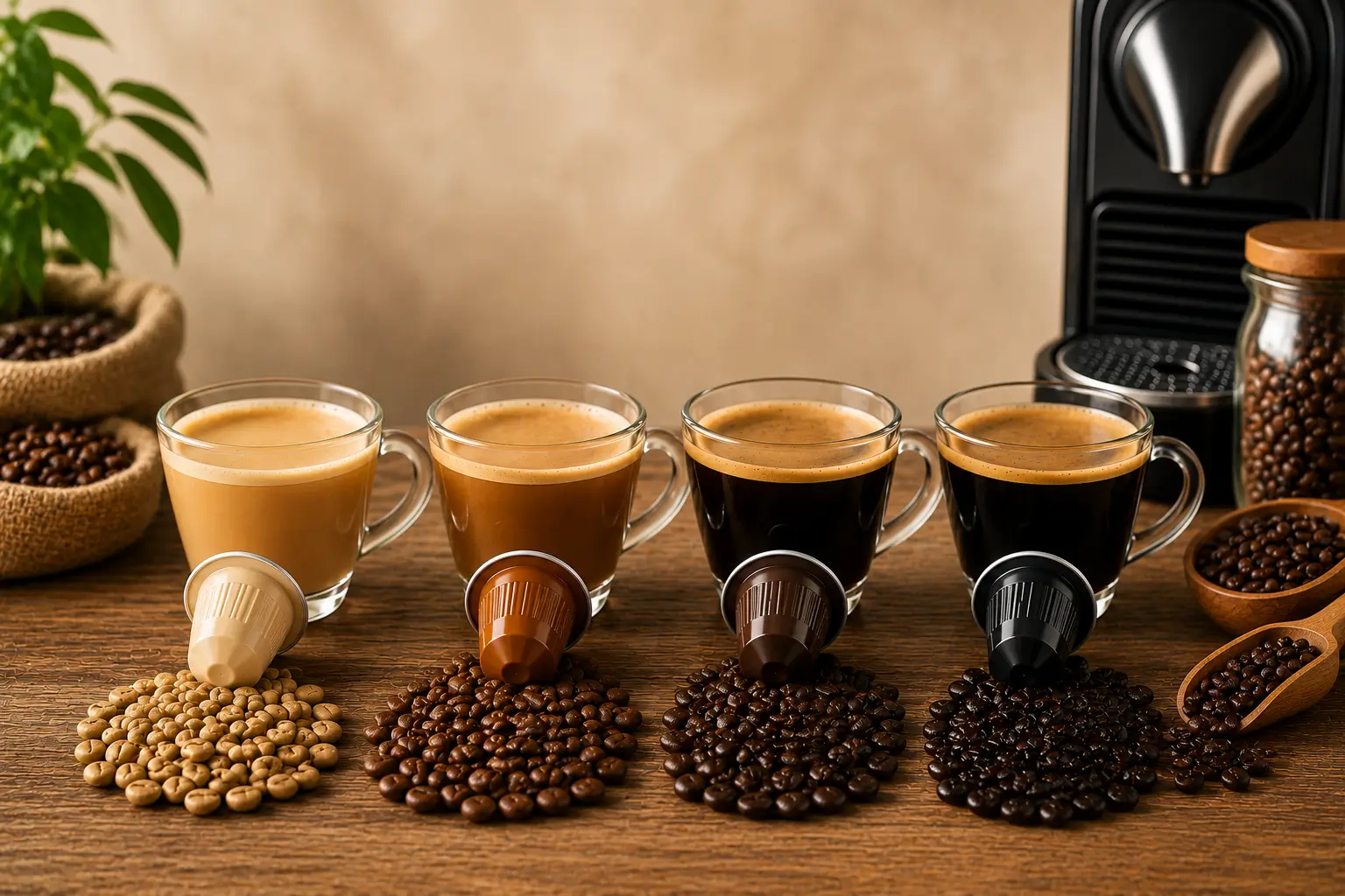 Coffee pod blends by roast type including light medium dark and decaf