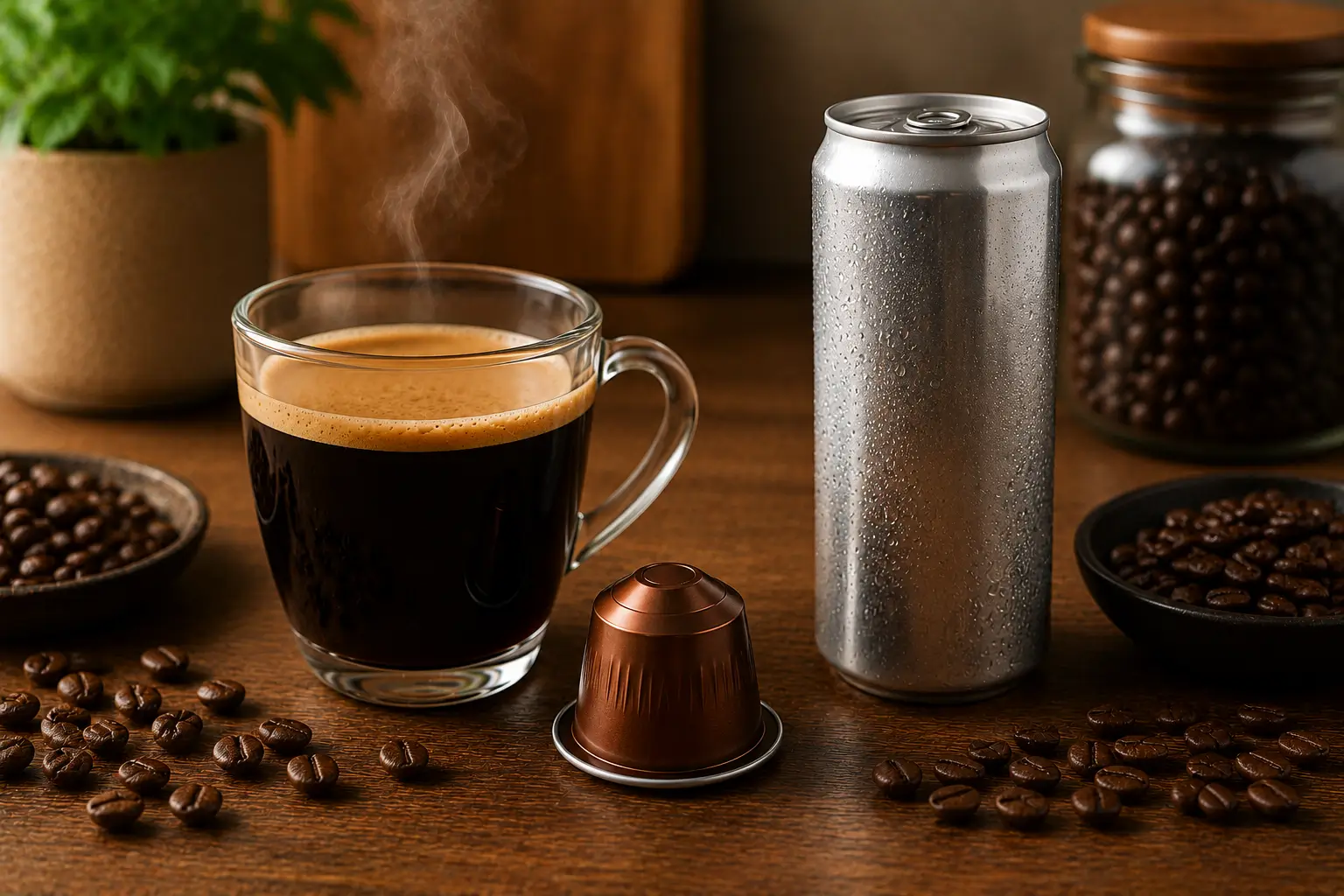 Coffee pod compared with an energy drink for caffeine