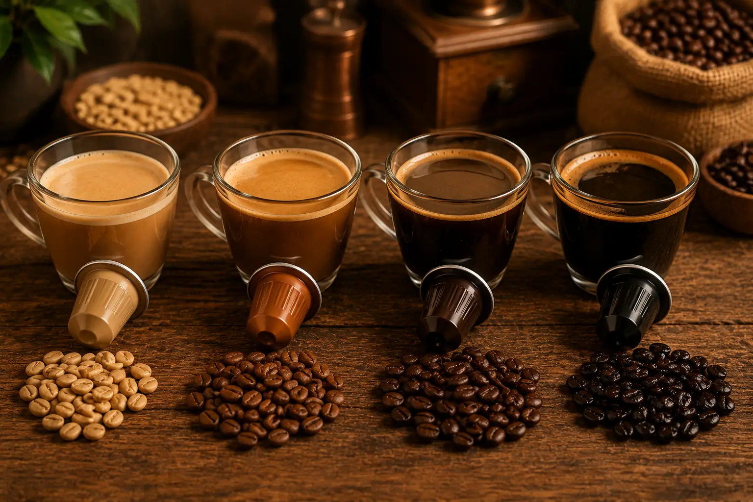 Coffee pod flavor intensity shown with mild medium bold and strong coffee cups