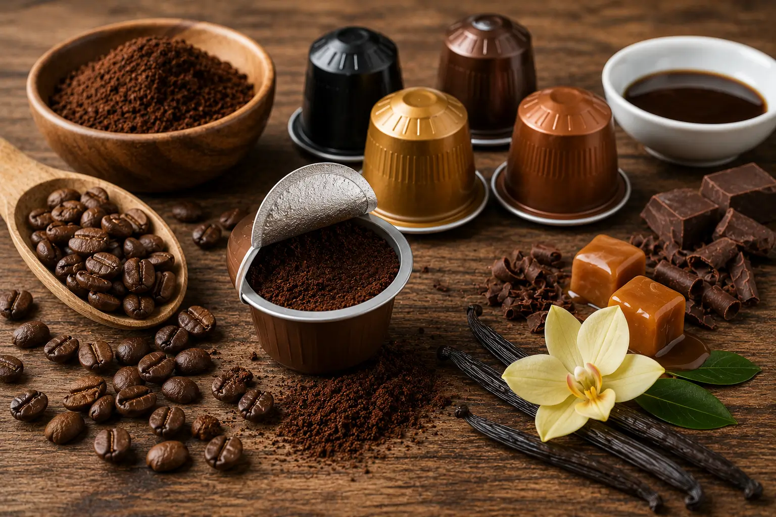Coffee pod ingredients with ground coffee beans and flavor elements
