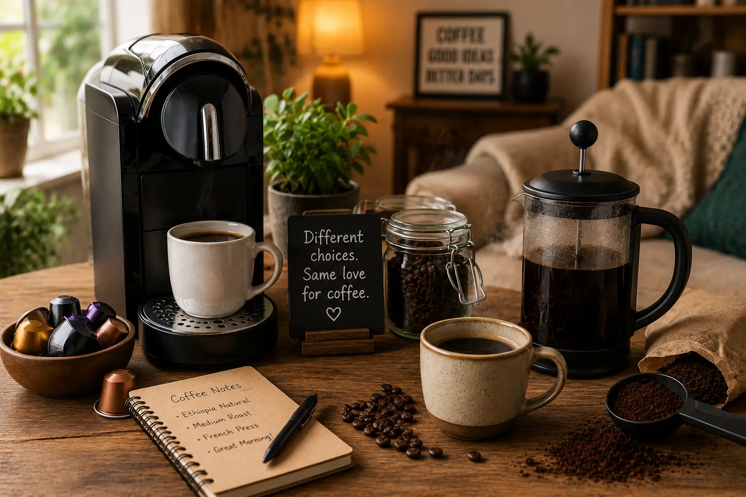 Coffee pod machine and French press morning routine