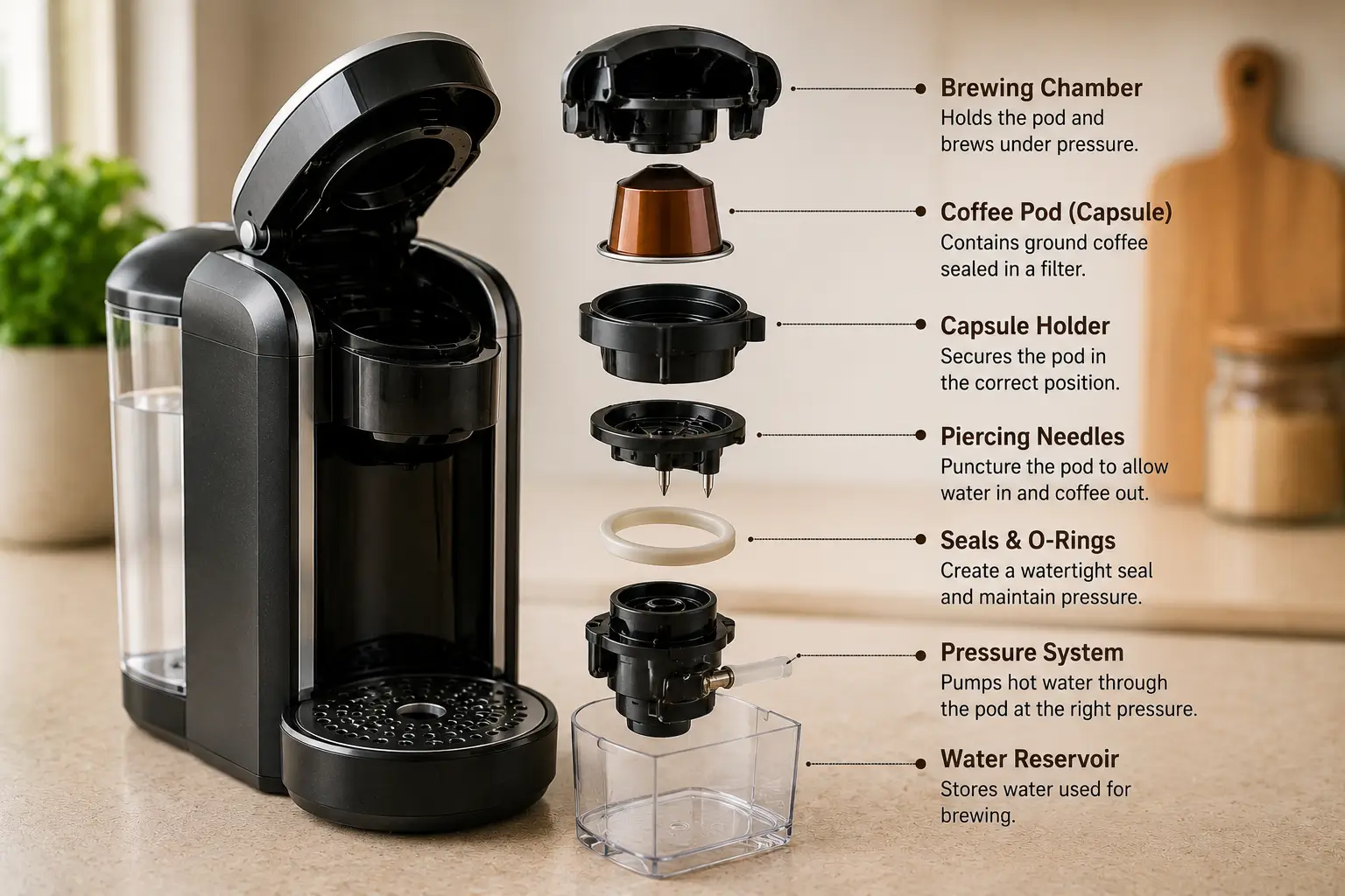 Coffee pod machine components causing jams and leaks