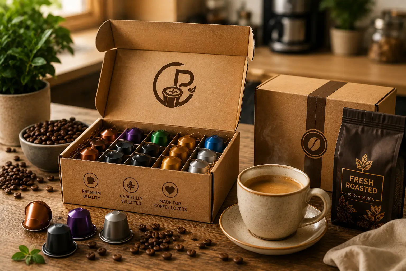 Coffee pod subscription box with assorted pods and delivery packaging