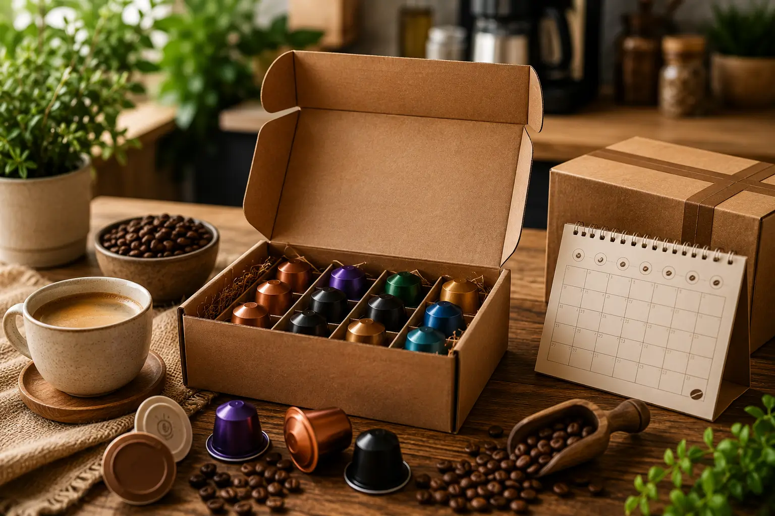 Coffee pod subscription box with coffee pods delivery box calendar and coffee cup