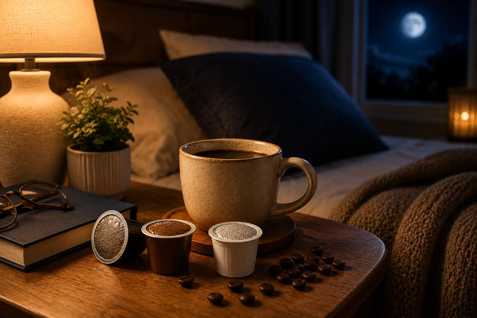 Coffee pods and a nighttime sleep setup showing how caffeine may affect rest