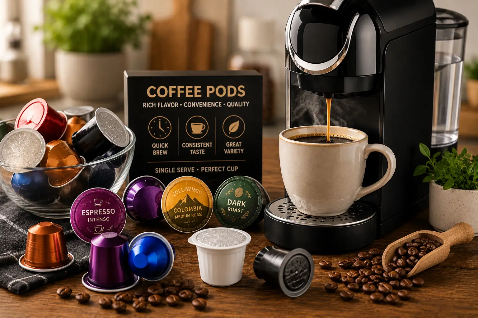 Coffee pods and single serve machine