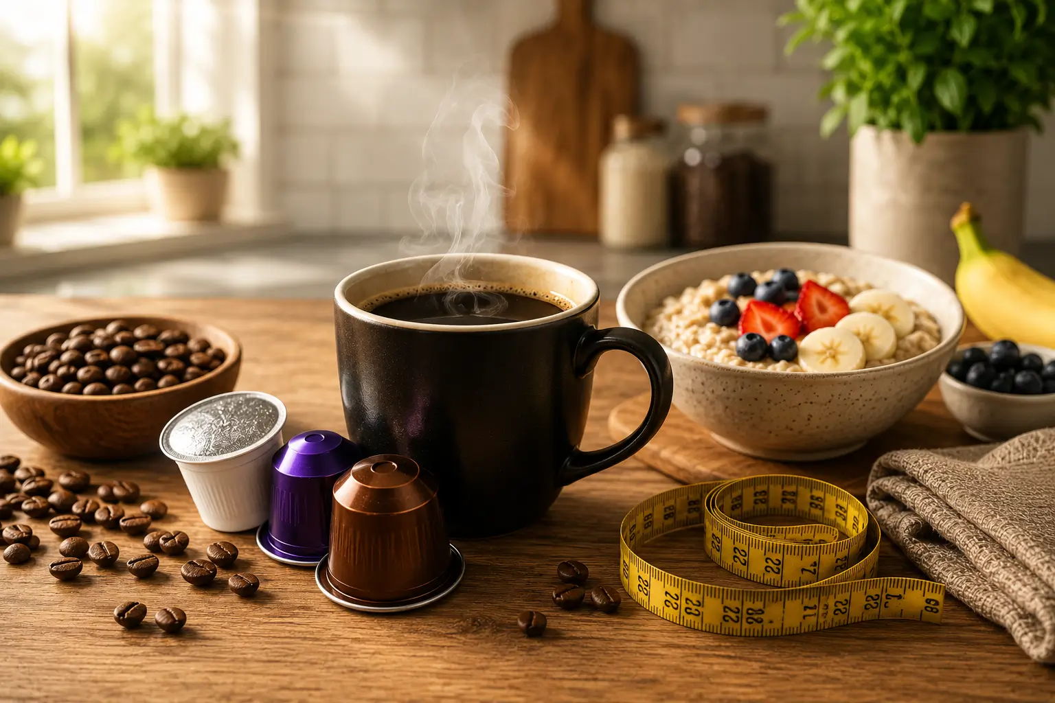 Coffee pods and weight loss with black coffee healthy breakfast and coffee beans