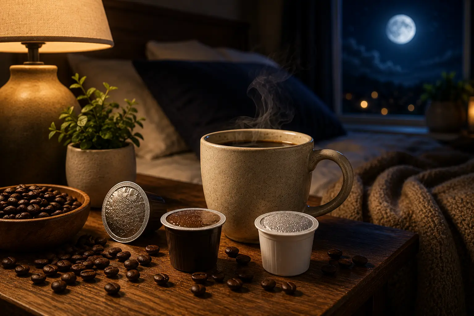 Coffee pods beside a coffee cup with a relaxing nighttime sleep setting