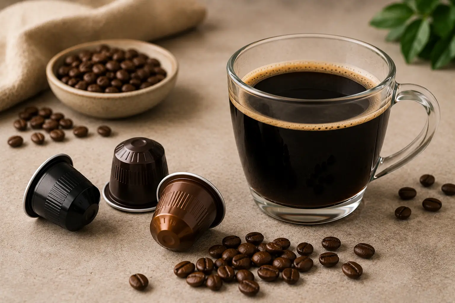 Coffee pods calories and nutrition facts with coffee cup and beans