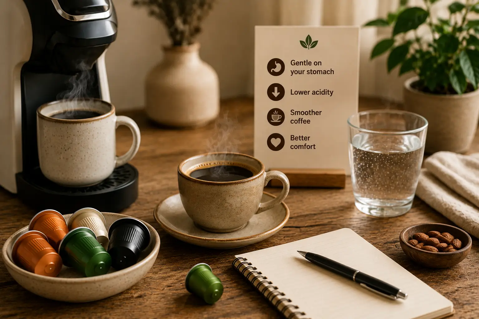 Coffee pods for sensitive stomachs with gentle coffee setup