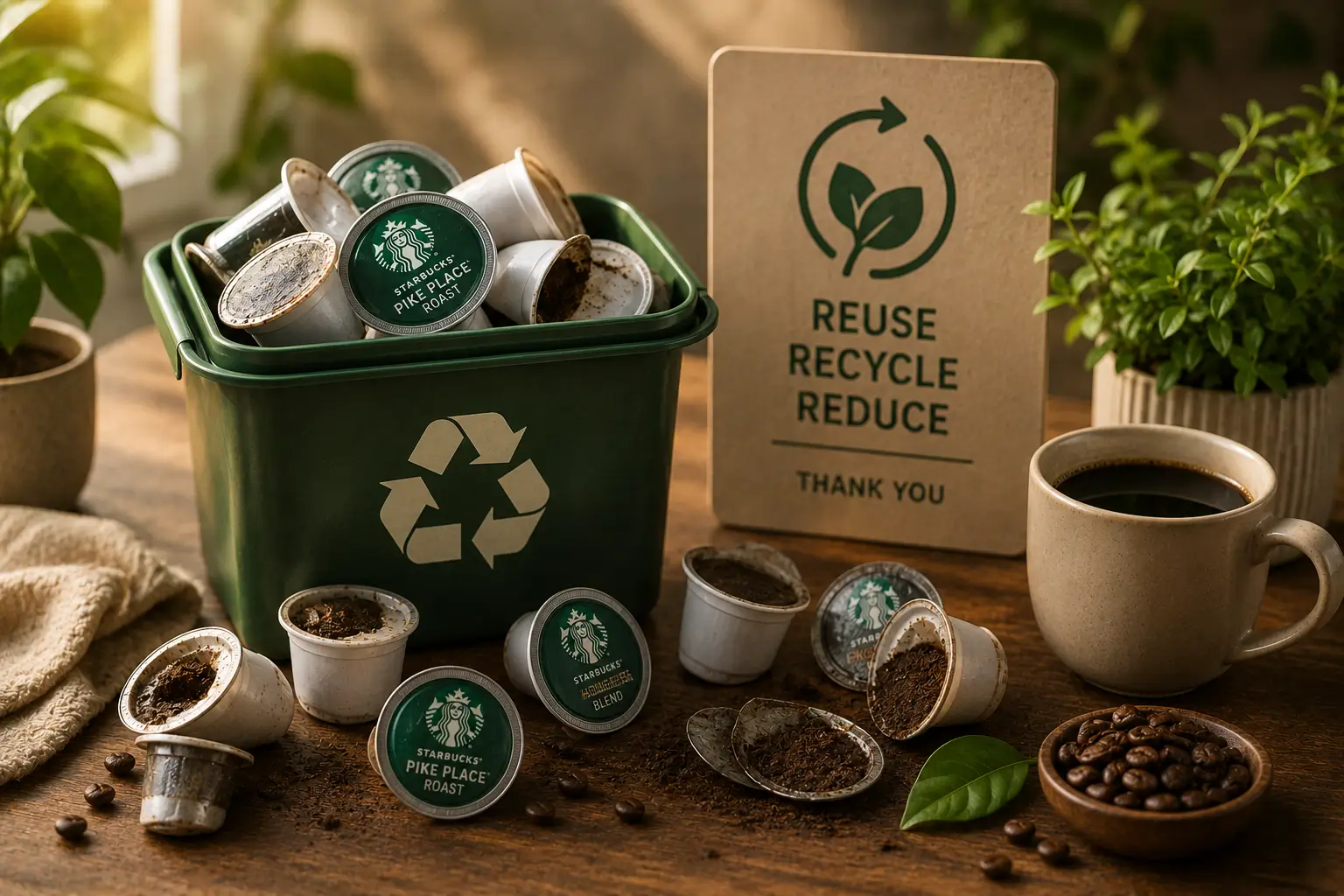 Coffee pods recycling and sustainable coffee sourcing concept