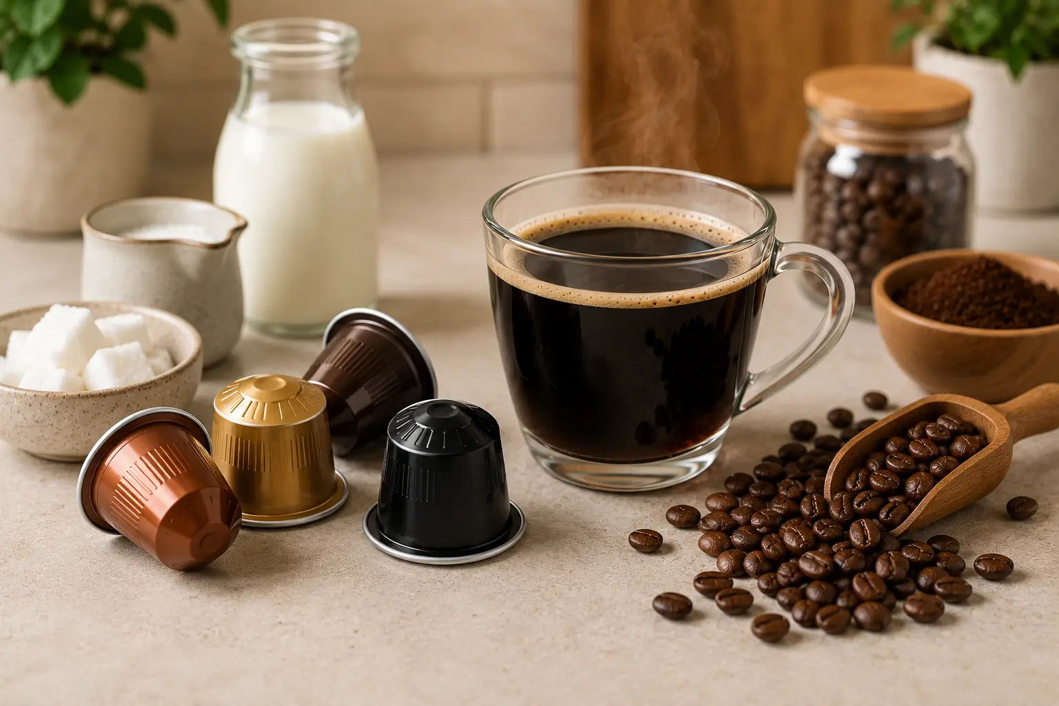 Coffee pods with black coffee showing low calorie coffee option