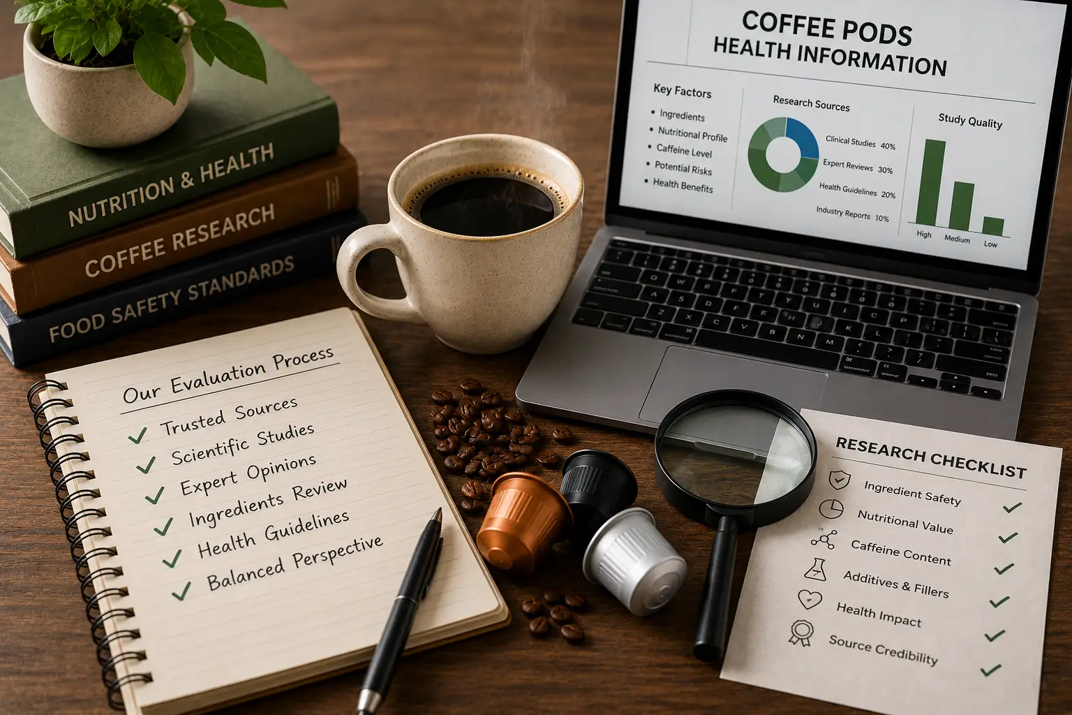 Coffee research setup with coffee pods and notebook