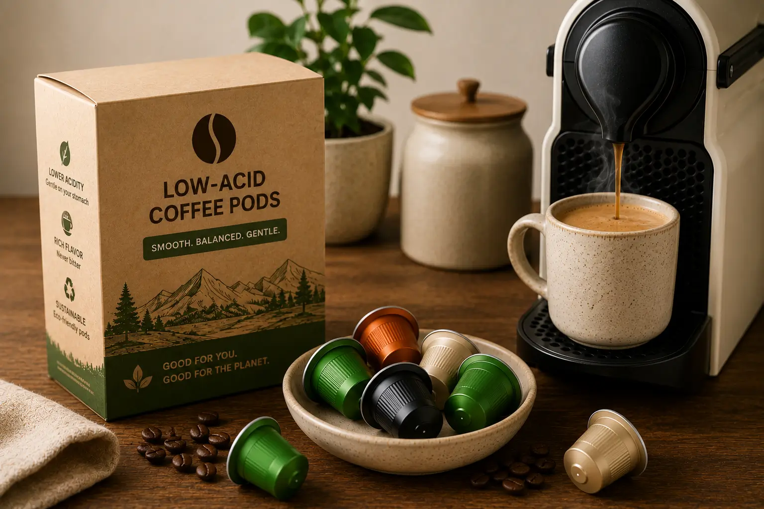 Coffee research setup with low-acid coffee pods and notebook