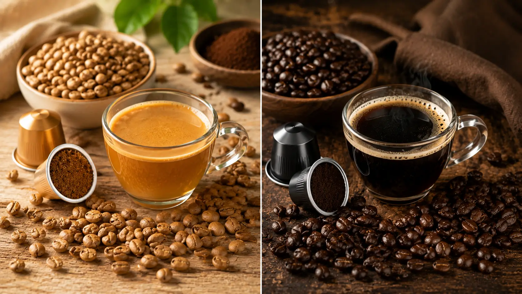 Comparison between light roast and dark roast coffee beans