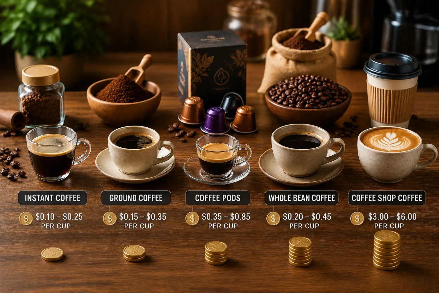 Cost per cup comparison between instant coffee ground coffee coffee pods whole bean espresso and coffee shop drinks