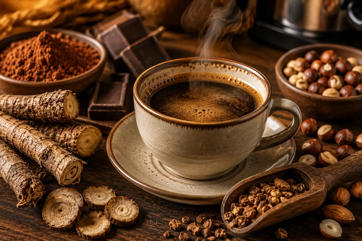 Cup of chicory coffee with earthy and nutty ingredients