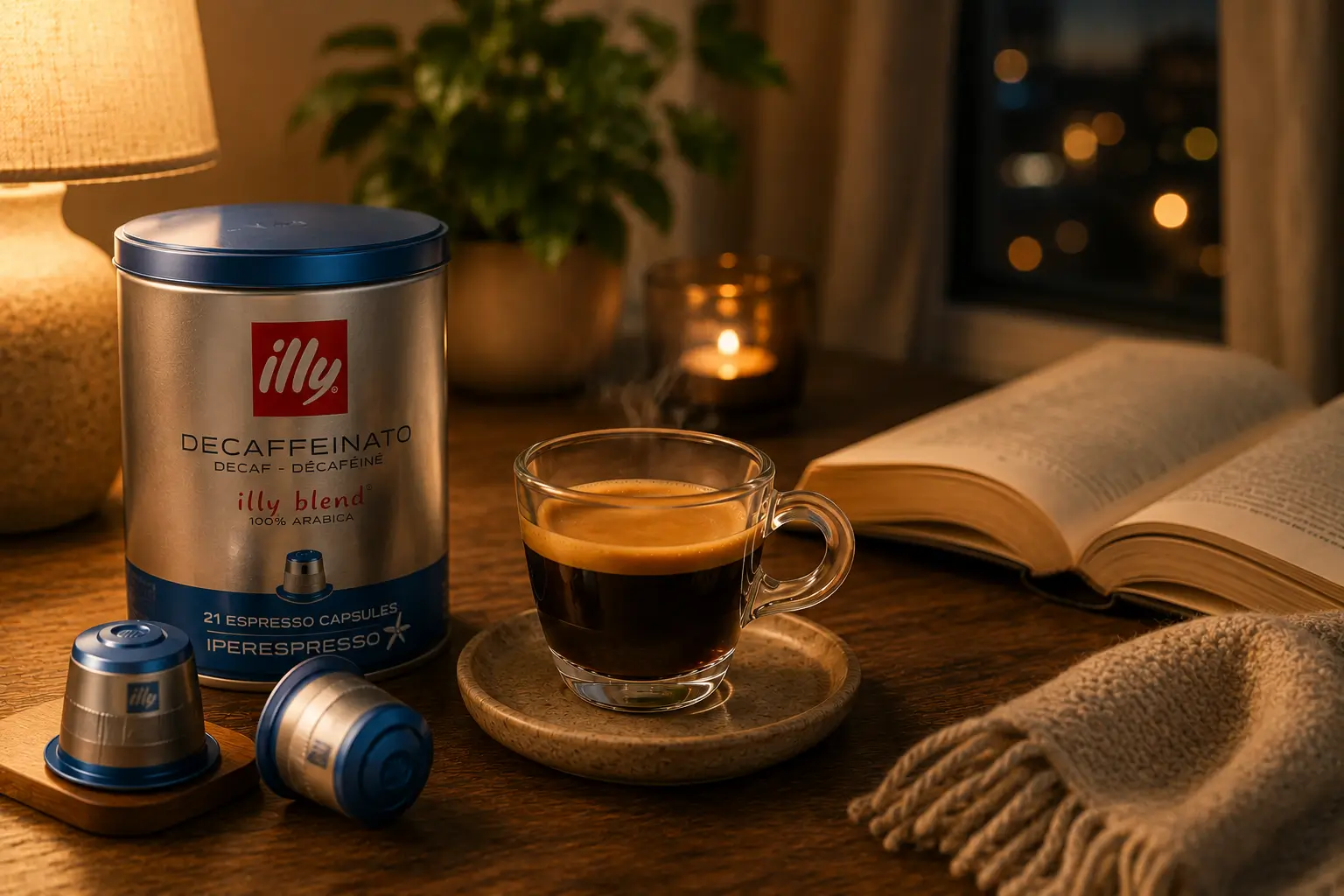 Decaf Illy coffee pods with smooth evening coffee setting