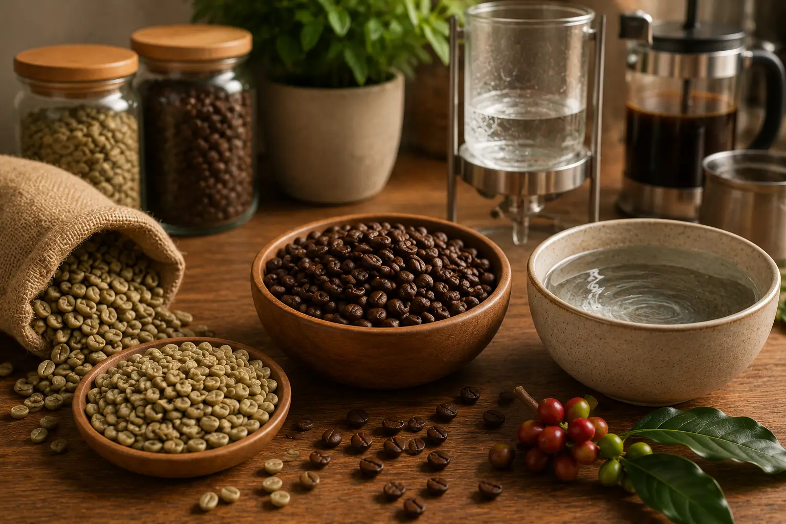 Decaf coffee beans being processed before roasting
